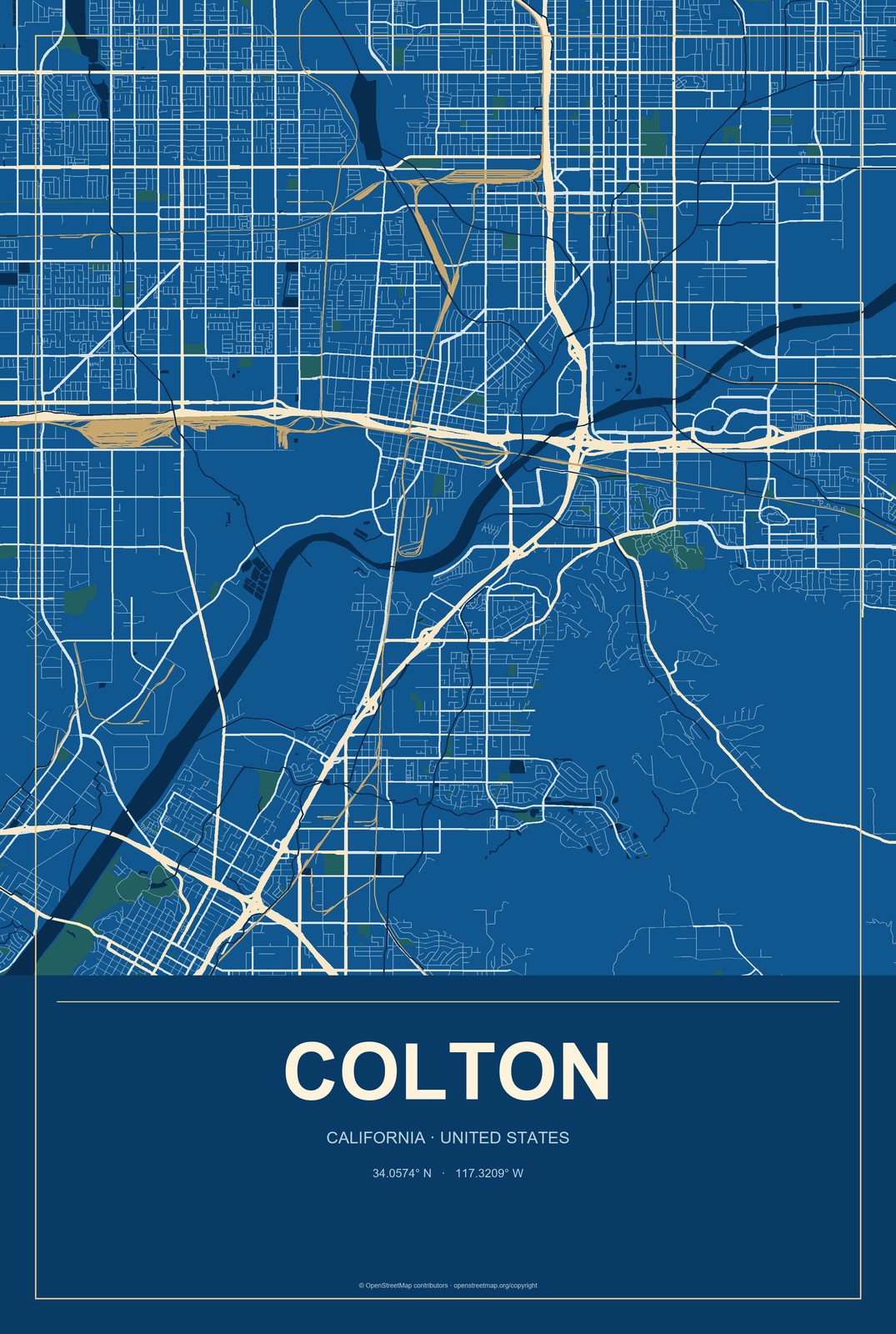 Colton, California City Map Aluminum Sign in Harbor Cobalt style