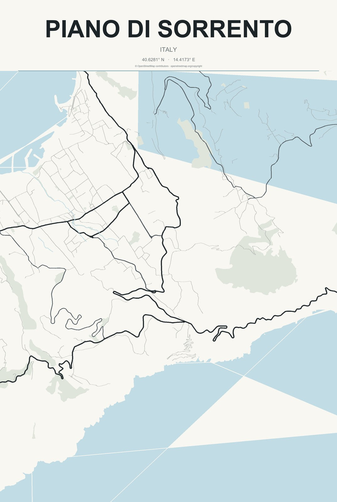 Piano di Sorrento, Italy City Map Aluminum Sign in Headline Atlas style