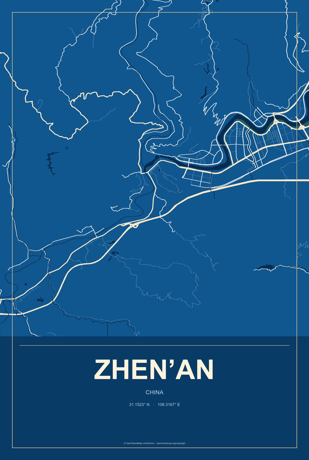 Zhen’an, China City Map Aluminum Sign in Harbor Cobalt style