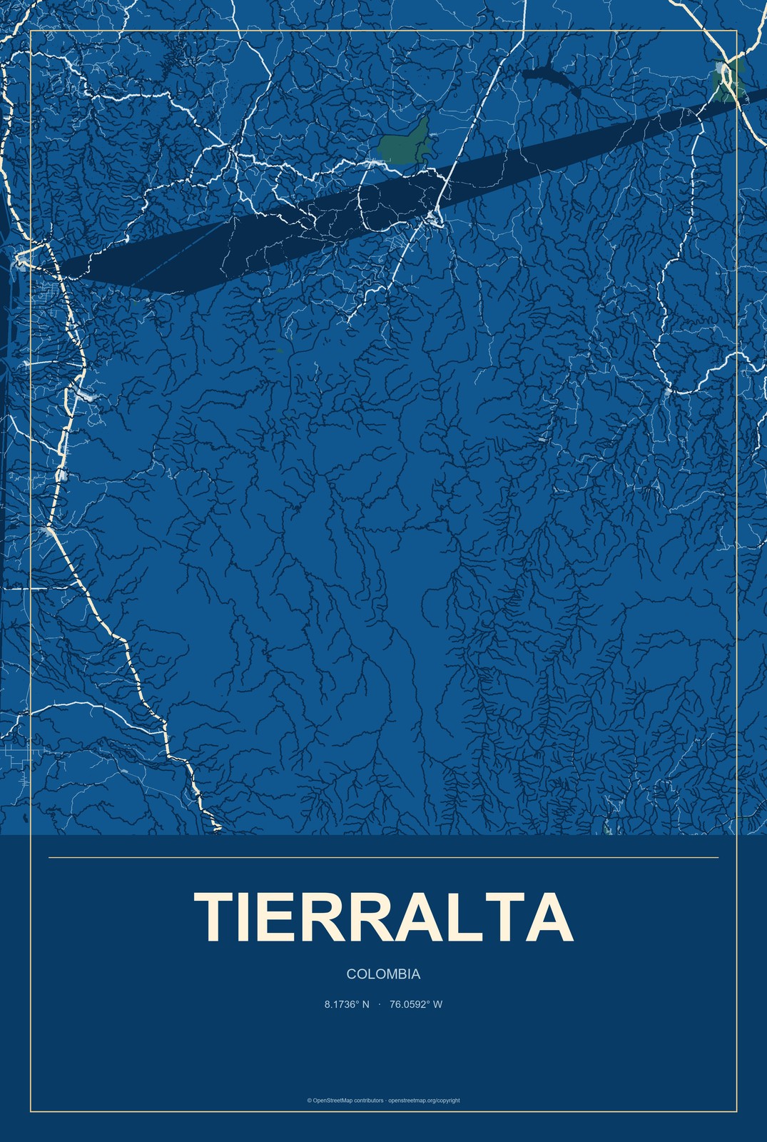 Tierralta, Colombia City Map Aluminum Sign in Harbor Cobalt style
