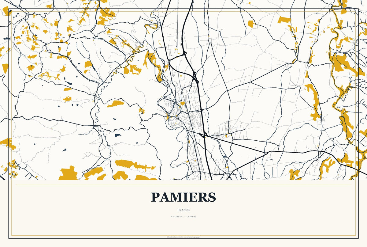 Pamiers, France City Map Aluminum Sign in Citrine Modern style
