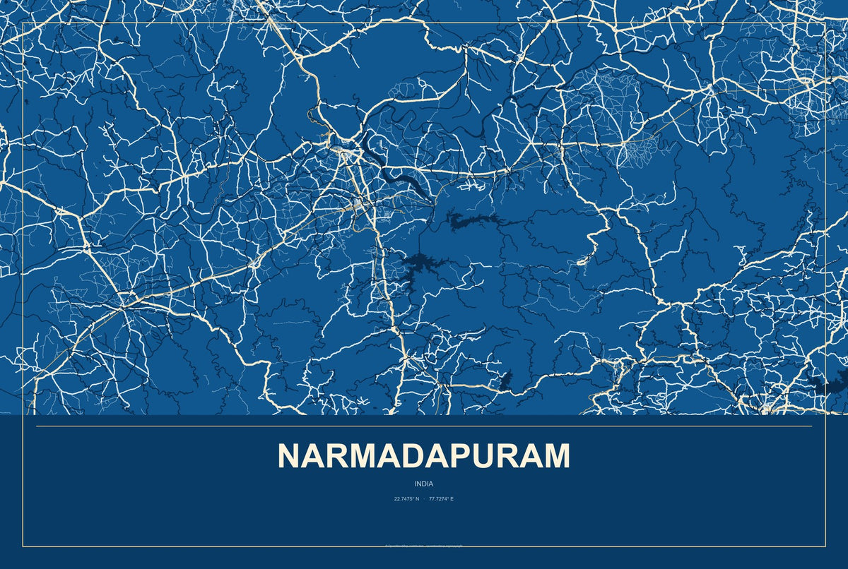 Narmadapuram, India City Map Aluminum Sign in Harbor Cobalt style