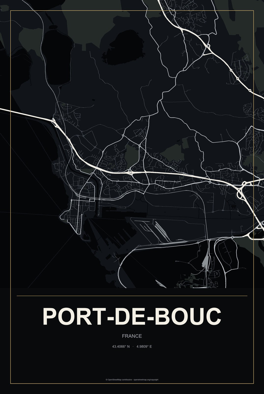 Port-de-Bouc, France City Map Aluminum Sign in Metropolitan Noir style