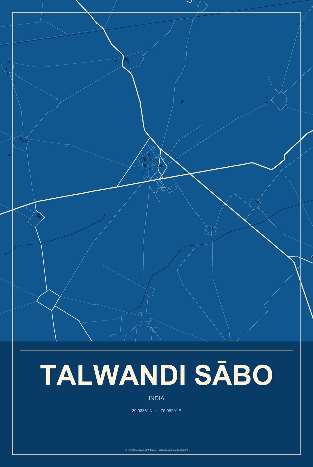 Talwandi Sābo, India City Map Aluminum Sign in Harbor Cobalt style