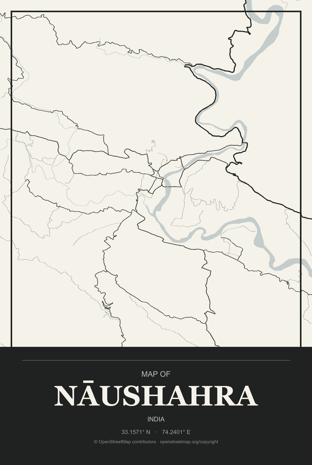 Nāushahra, India City Map Aluminum Sign in Museum Plaque style