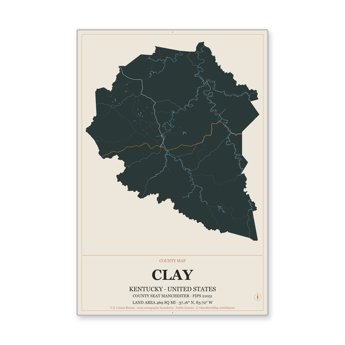 Clay County, Kentucky Map Aluminum Sign in Headline Atlas style