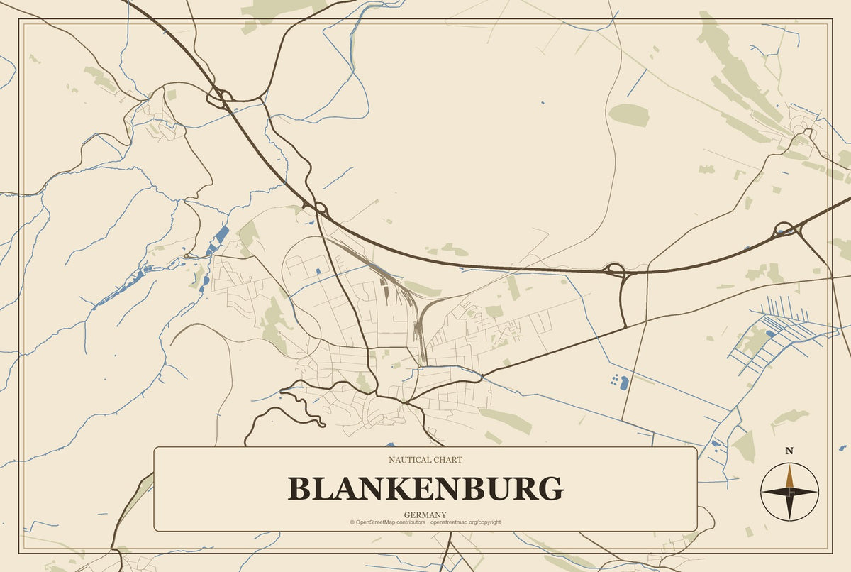 Blankenburg, Germany City Map Aluminum Sign in Heritage Nautical style