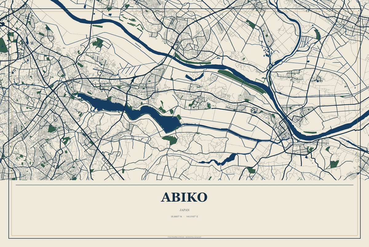 Abiko, Japan City Map Aluminum Sign in Coastal Cutout style