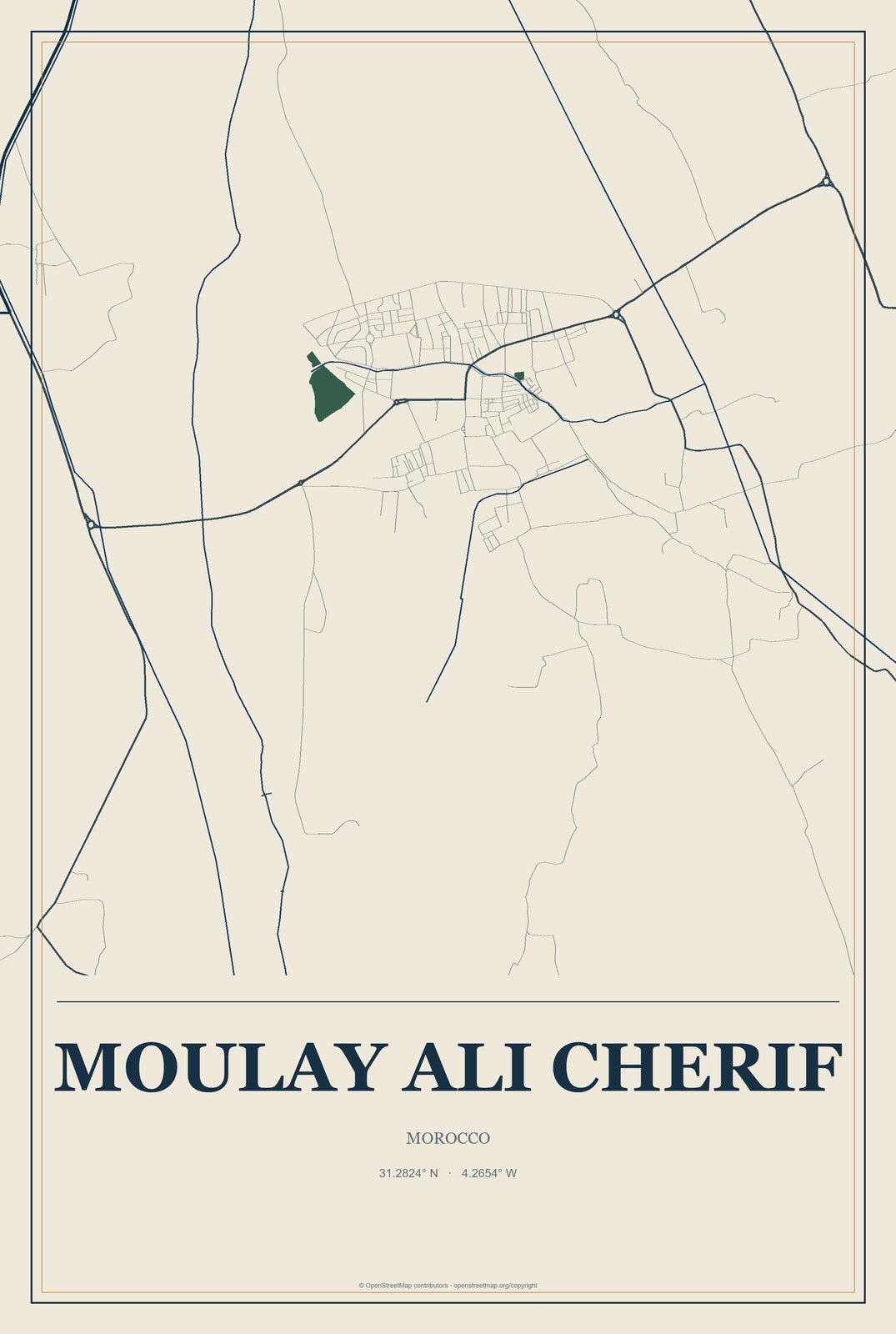 Moulay Ali Cherif, Morocco City Map Aluminum Sign in Coastal Cutout style