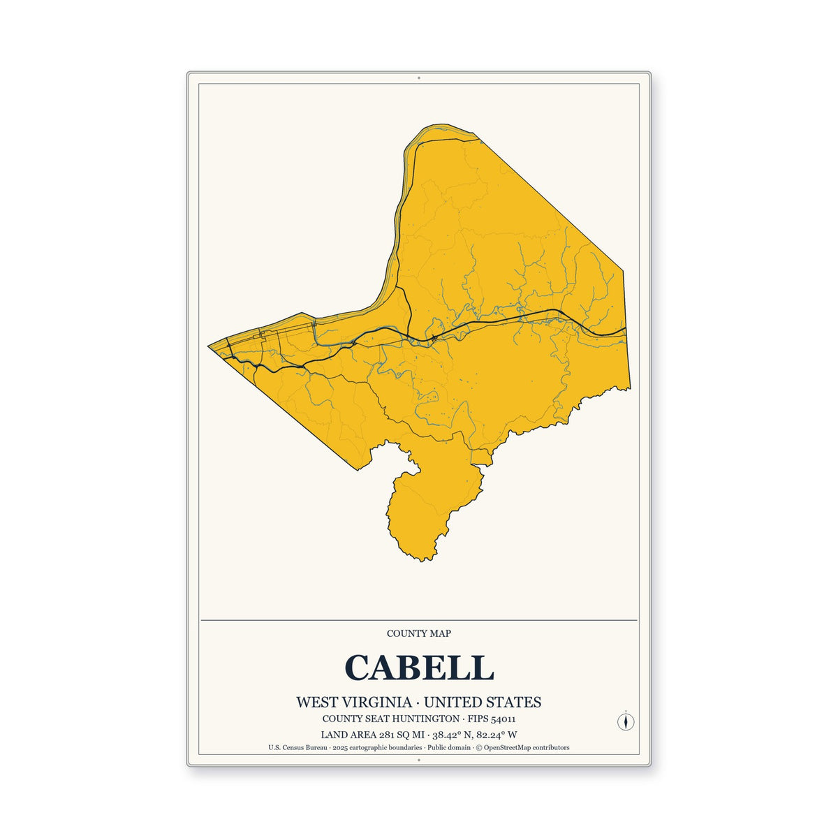 Cabell County, West Virginia Map Aluminum Sign in Citrine Modern style