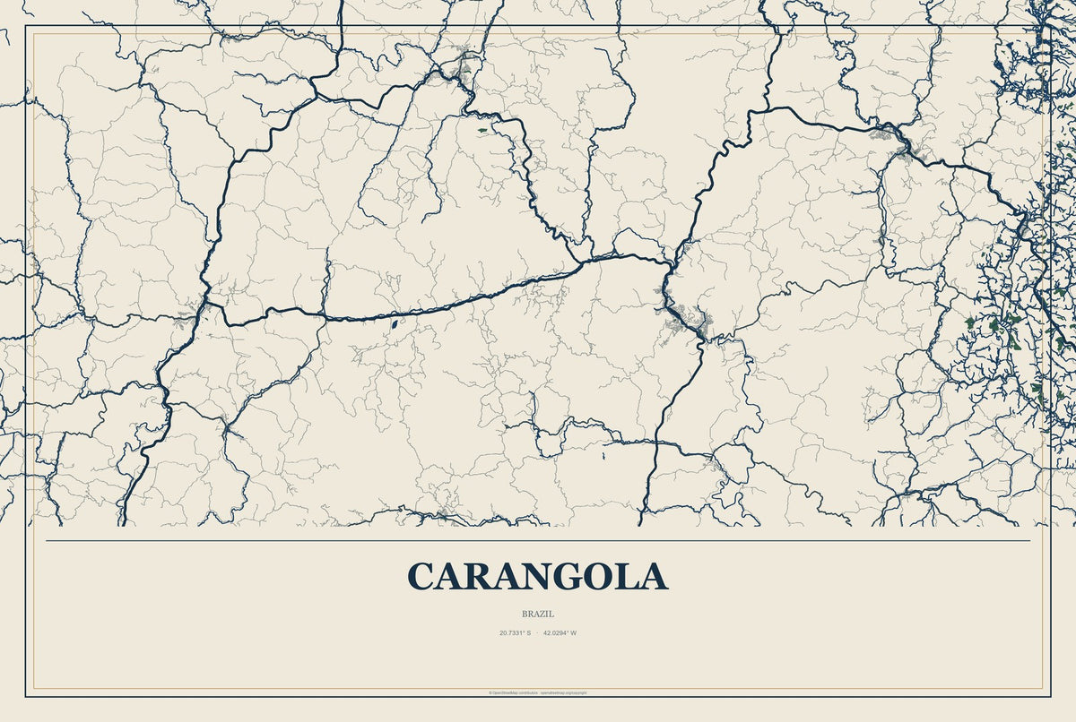 Carangola, Brazil City Map Aluminum Sign in Coastal Cutout style