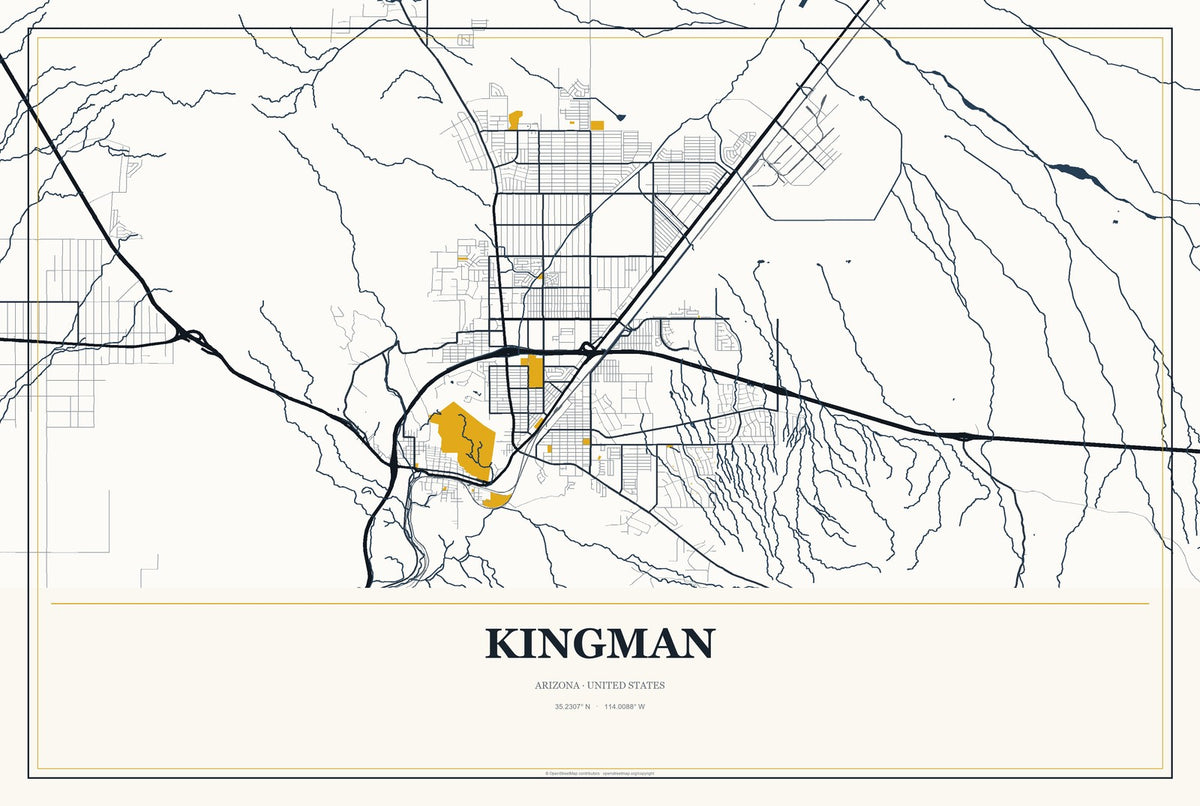 Kingman, Arizona City Map Aluminum Sign in Citrine Modern style