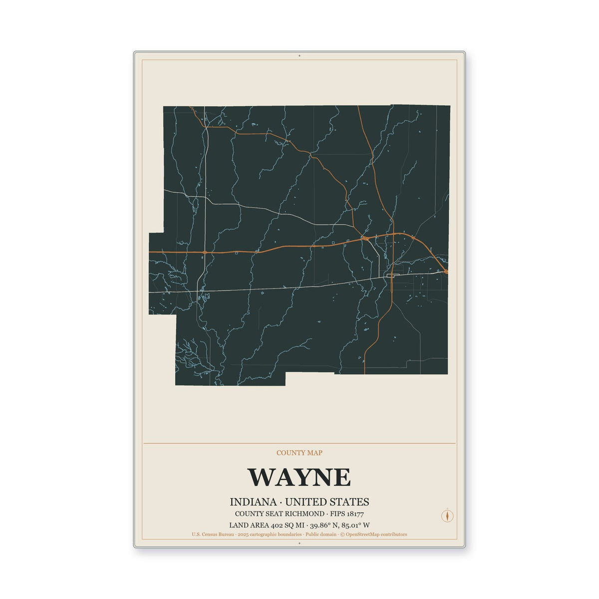 Wayne County, Indiana Map Aluminum Sign in Headline Atlas style
