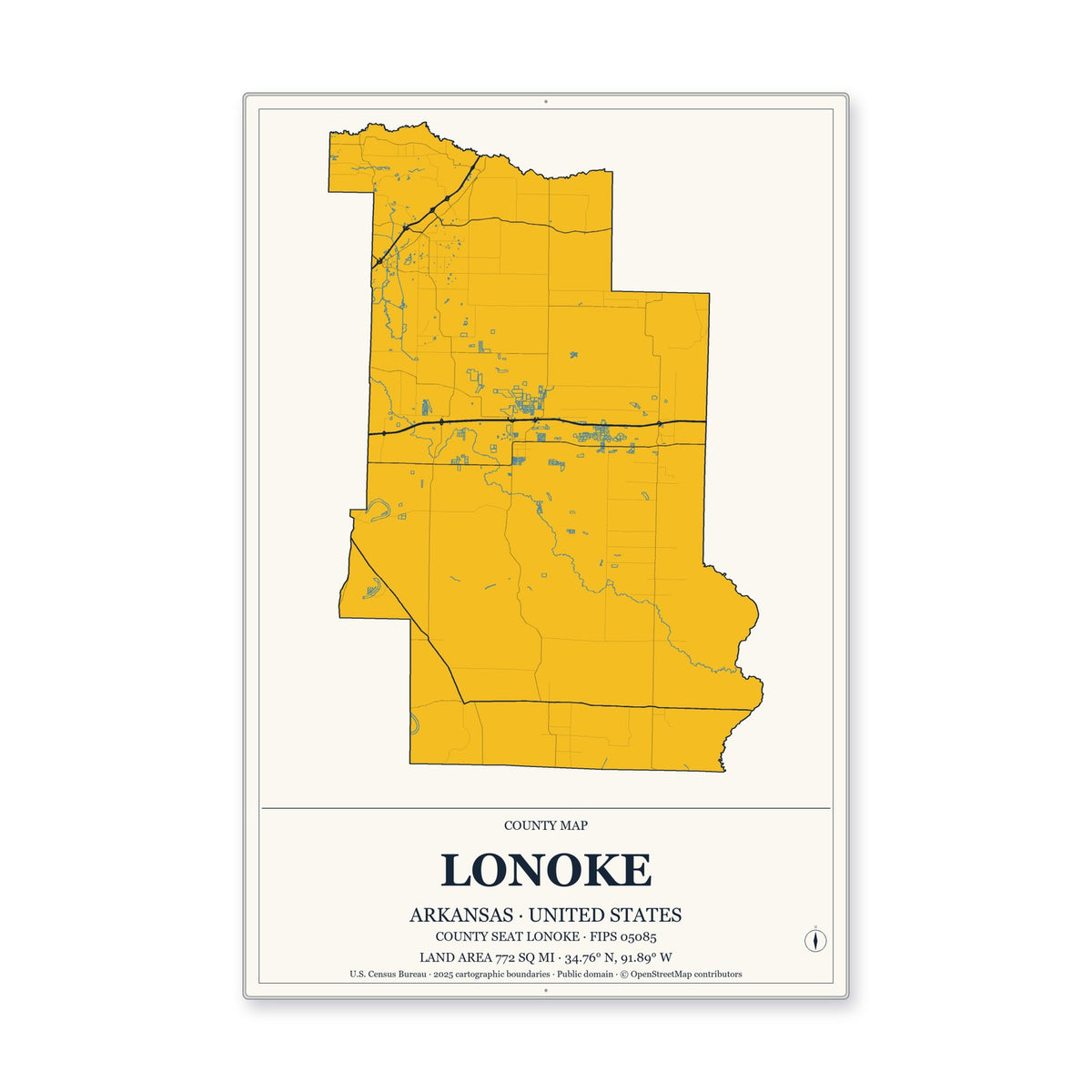 Lonoke County, Arkansas Map Aluminum Sign in Citrine Modern style
