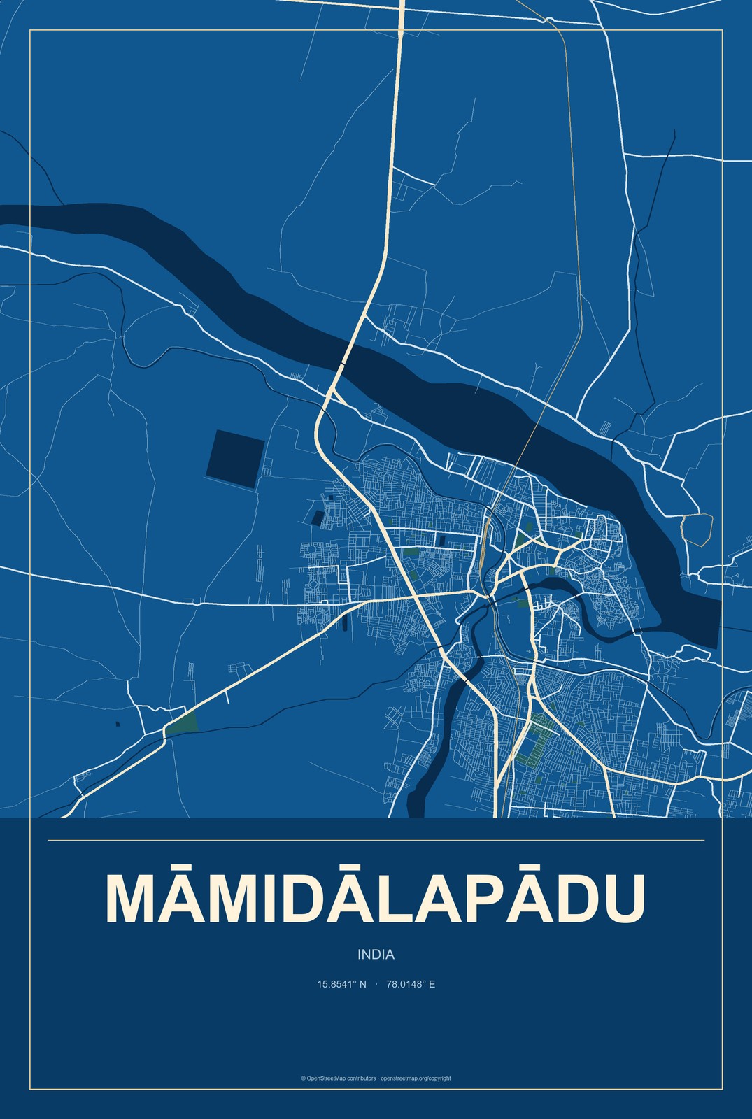 Māmidālapādu, India City Map Aluminum Sign in Harbor Cobalt style