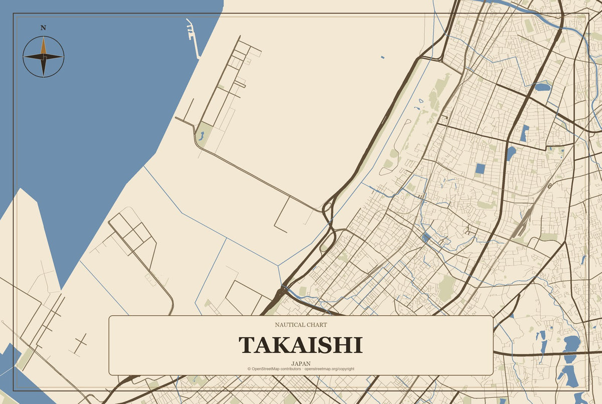Takaishi, Japan City Map Aluminum Sign in Heritage Nautical style