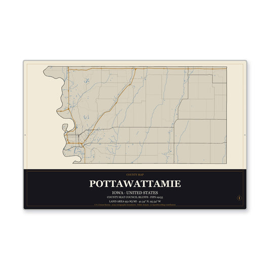 Pottawattamie County, Iowa Map Aluminum Sign in Museum Plaque style