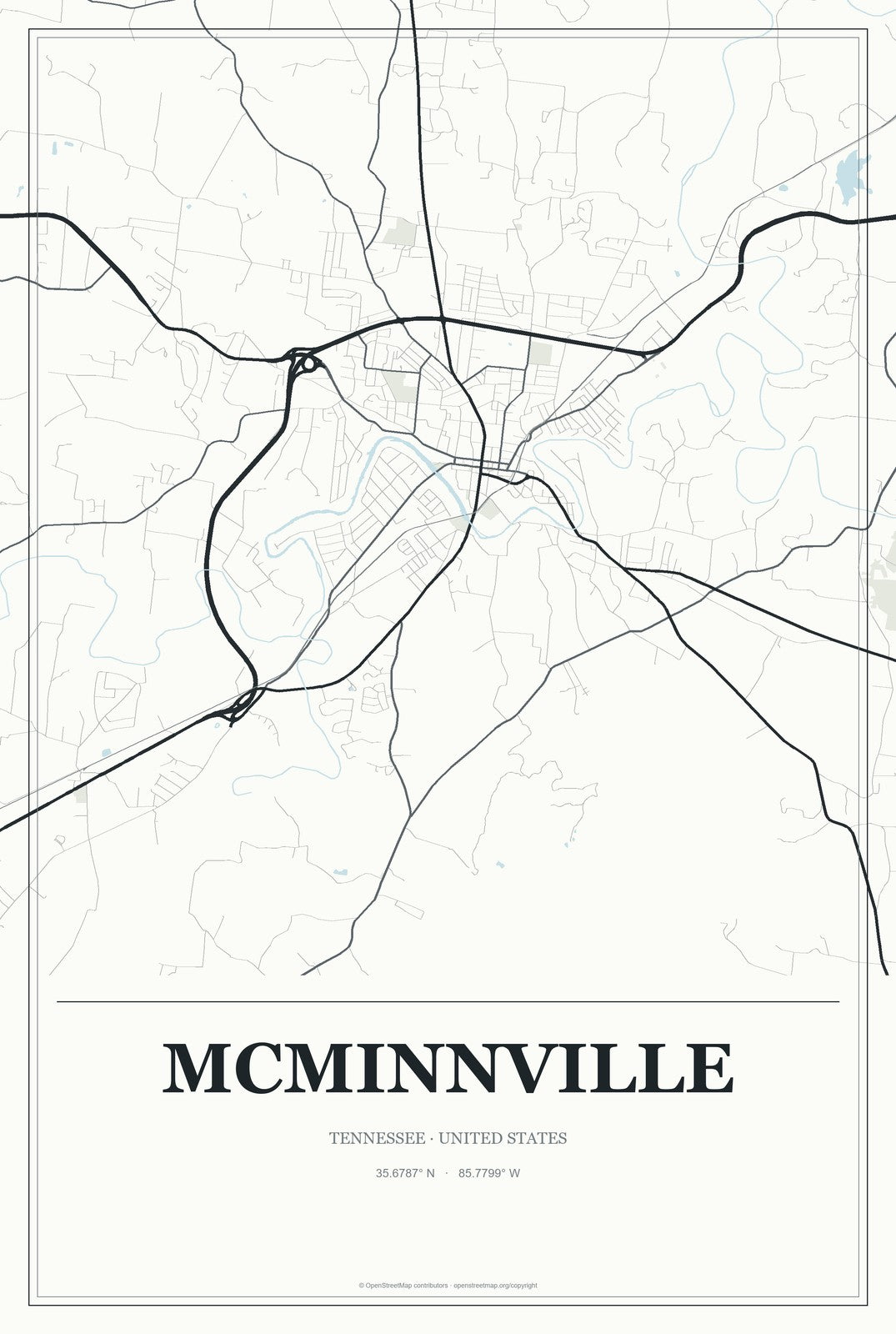 McMinnville, Tennessee City Map Aluminum Sign in Gallery Air style