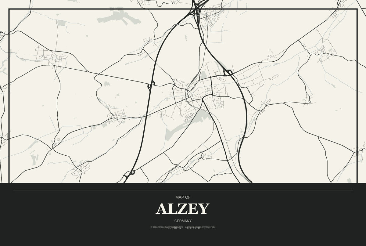 Alzey, Germany City Map Aluminum Sign in Museum Plaque style
