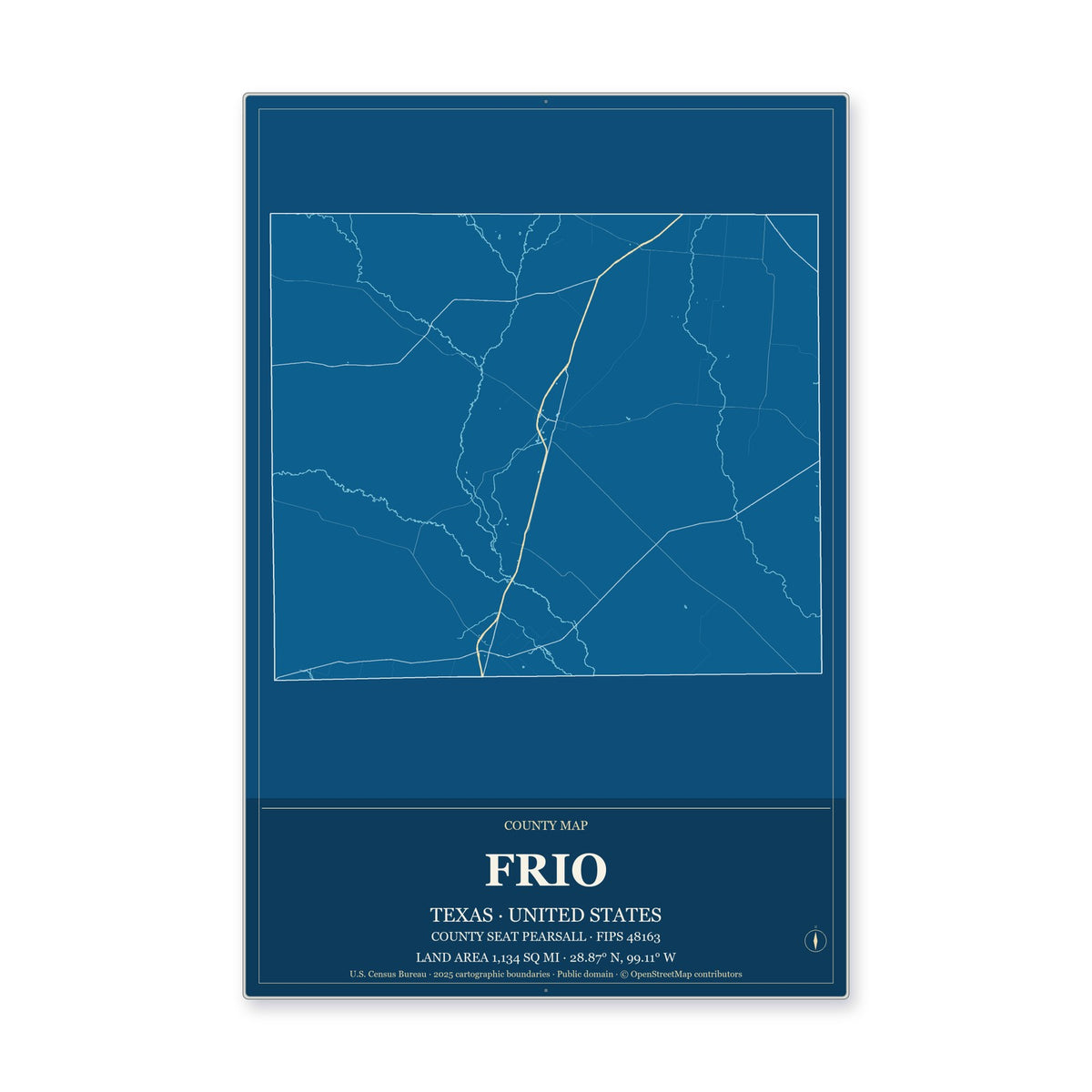 Frio County, Texas Map Aluminum Sign in Harbor Cobalt style