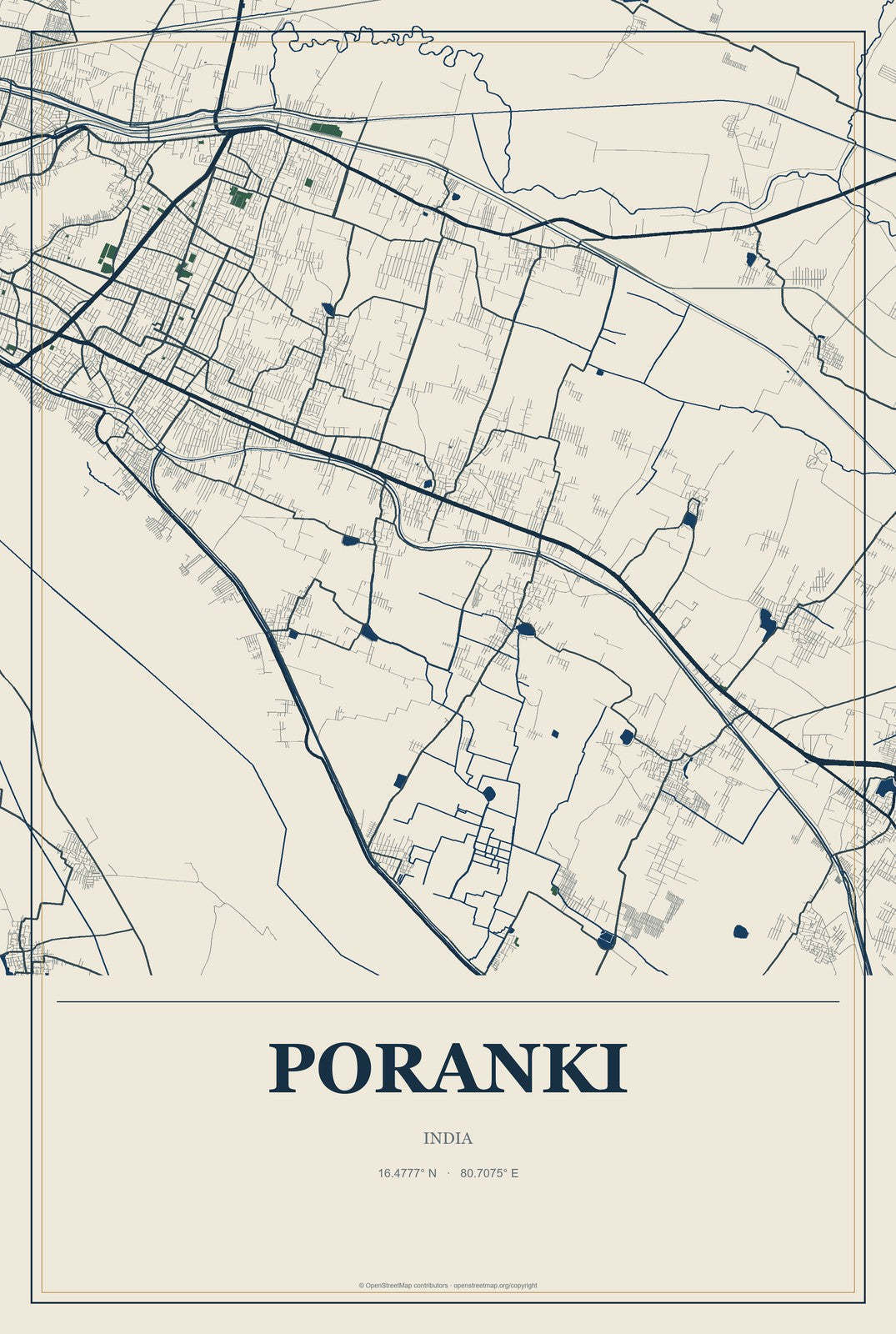 Poranki, India City Map Aluminum Sign in Coastal Cutout style