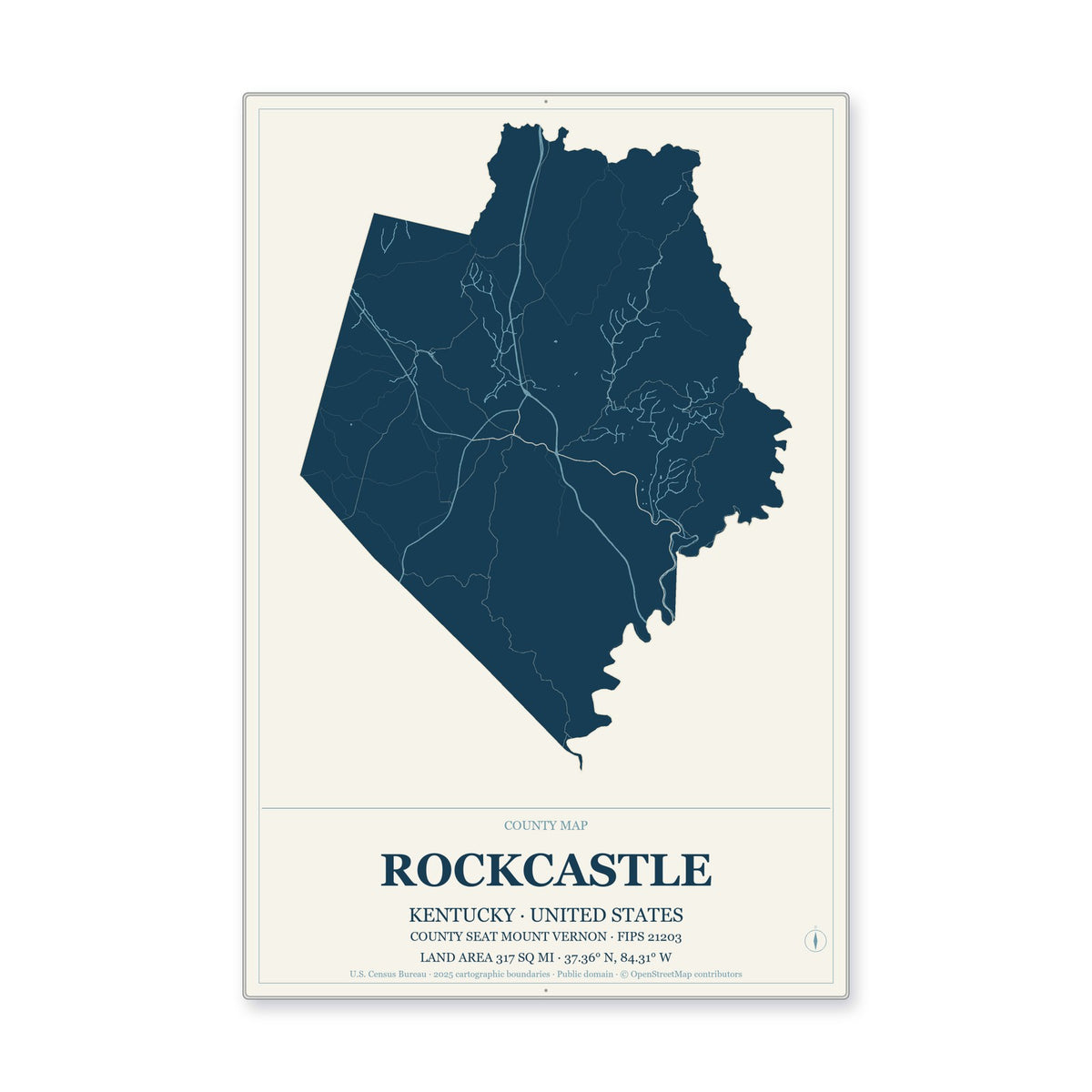 Rockcastle County, Kentucky Map Aluminum Sign in Coastal Cutout style
