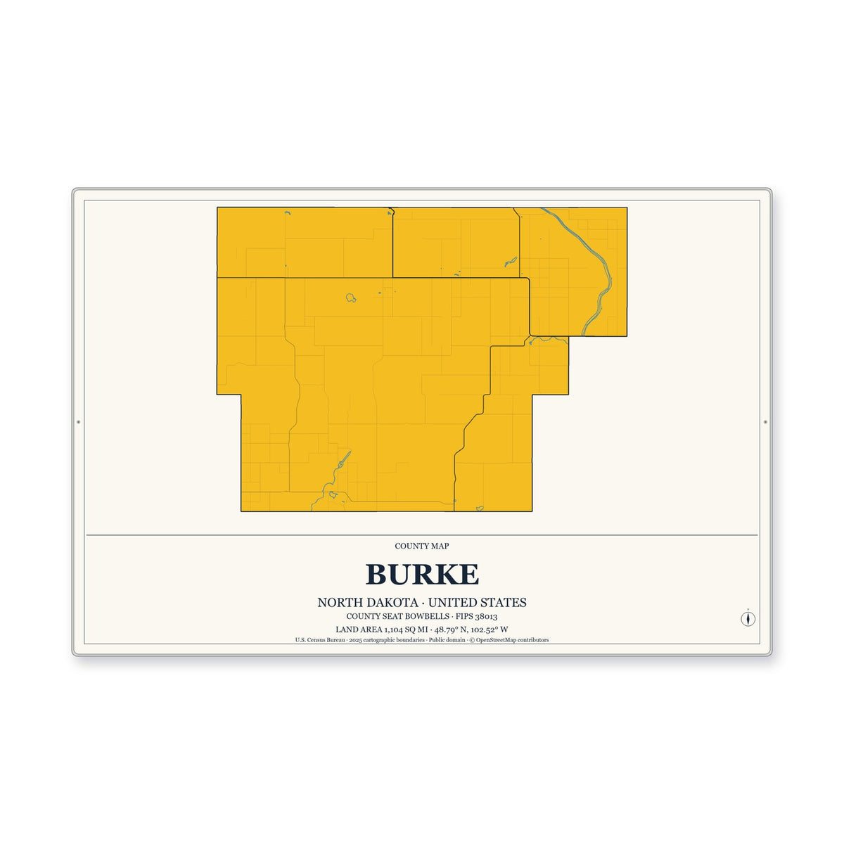 Burke County, North Dakota Map Aluminum Sign in Citrine Modern style