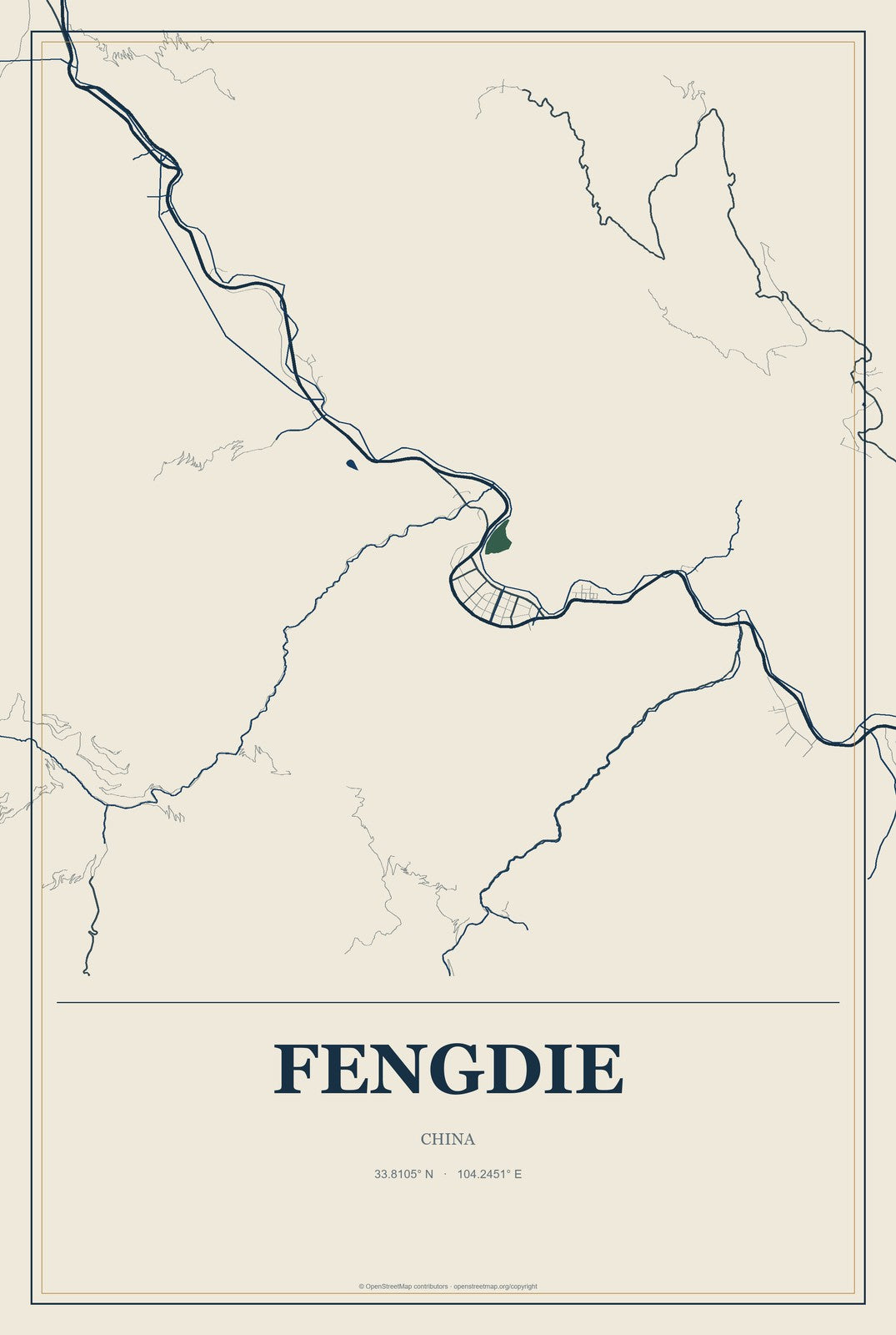Fengdie, China City Map Aluminum Sign in Coastal Cutout style