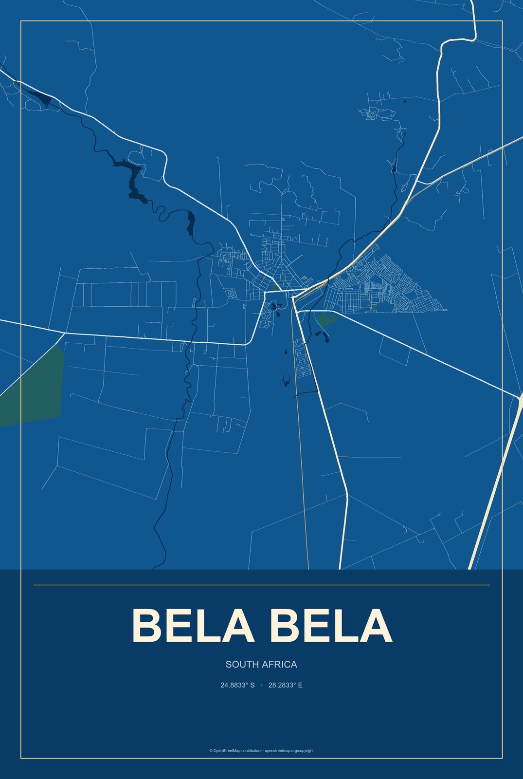 Bela Bela, South Africa City Map Aluminum Sign in Harbor Cobalt style