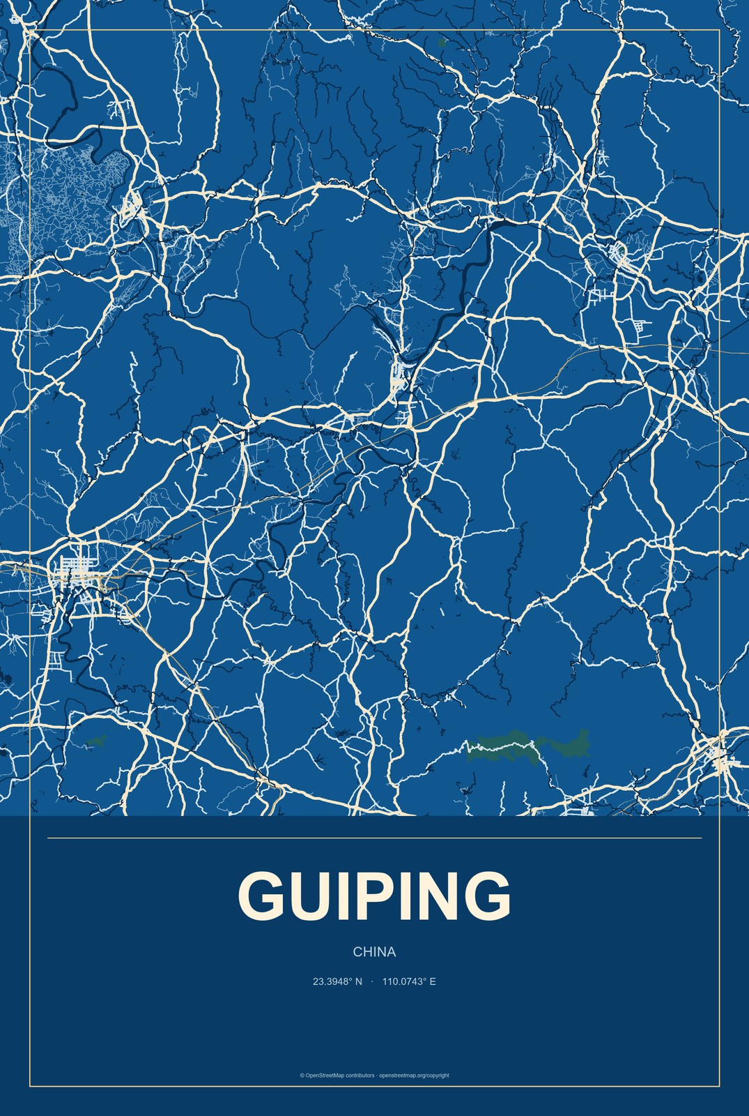 Guiping, China City Map Aluminum Sign in Harbor Cobalt style