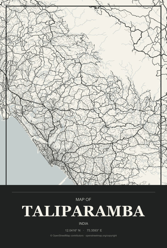 Taliparamba, India City Map Aluminum Sign in Museum Plaque style