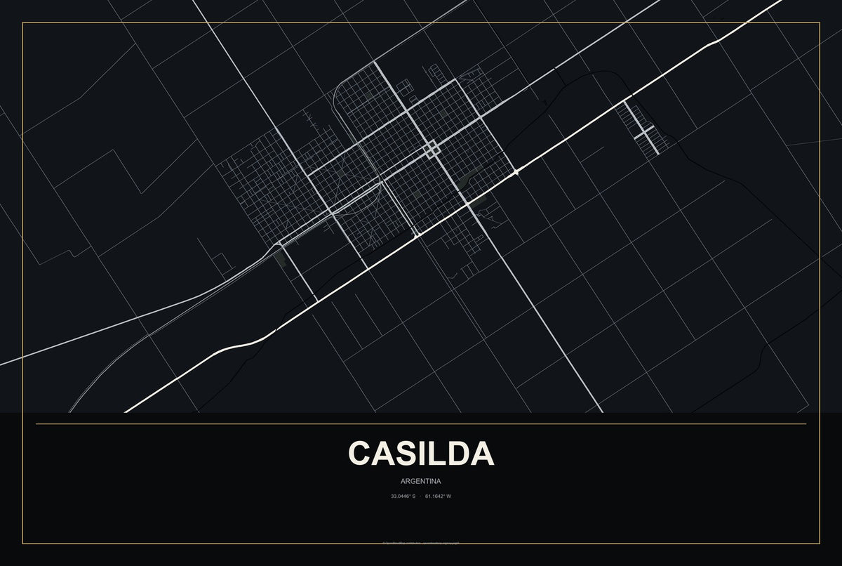Casilda, Argentina City Map Aluminum Sign in Metropolitan Noir style
