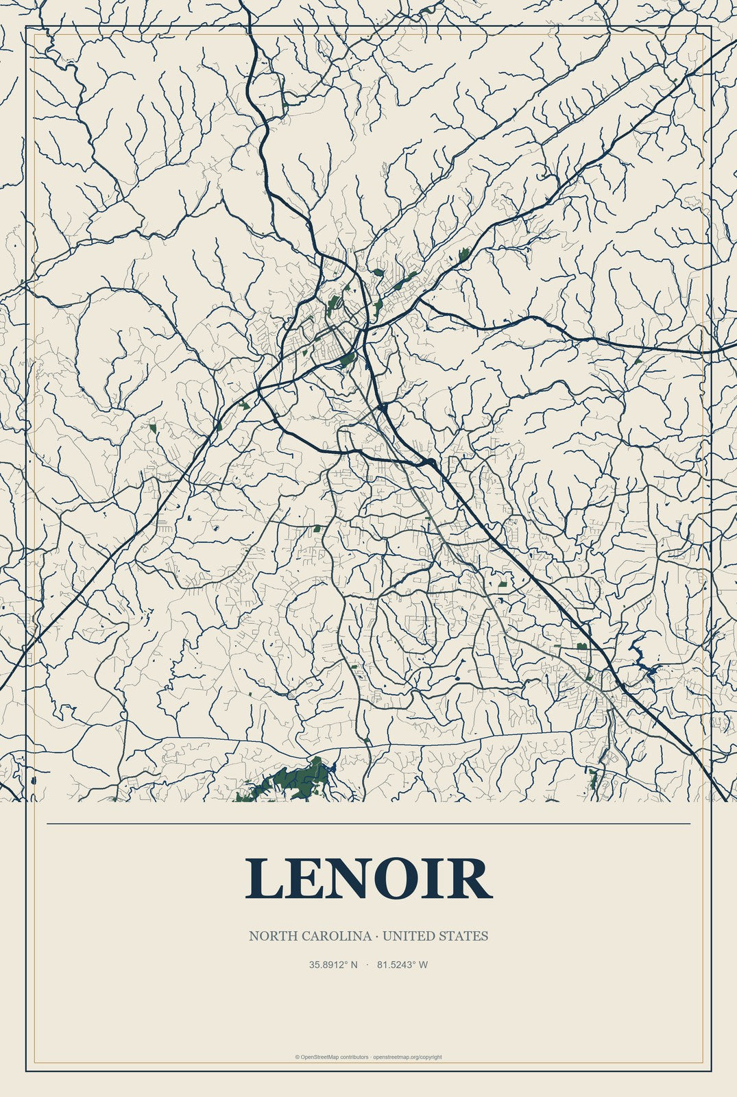 Lenoir, North Carolina City Map Aluminum Sign in Coastal Cutout style