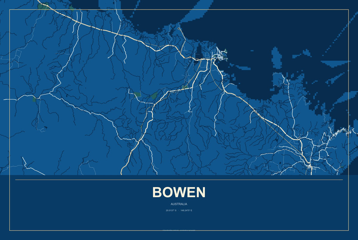 Bowen, Australia City Map Aluminum Sign in Harbor Cobalt style