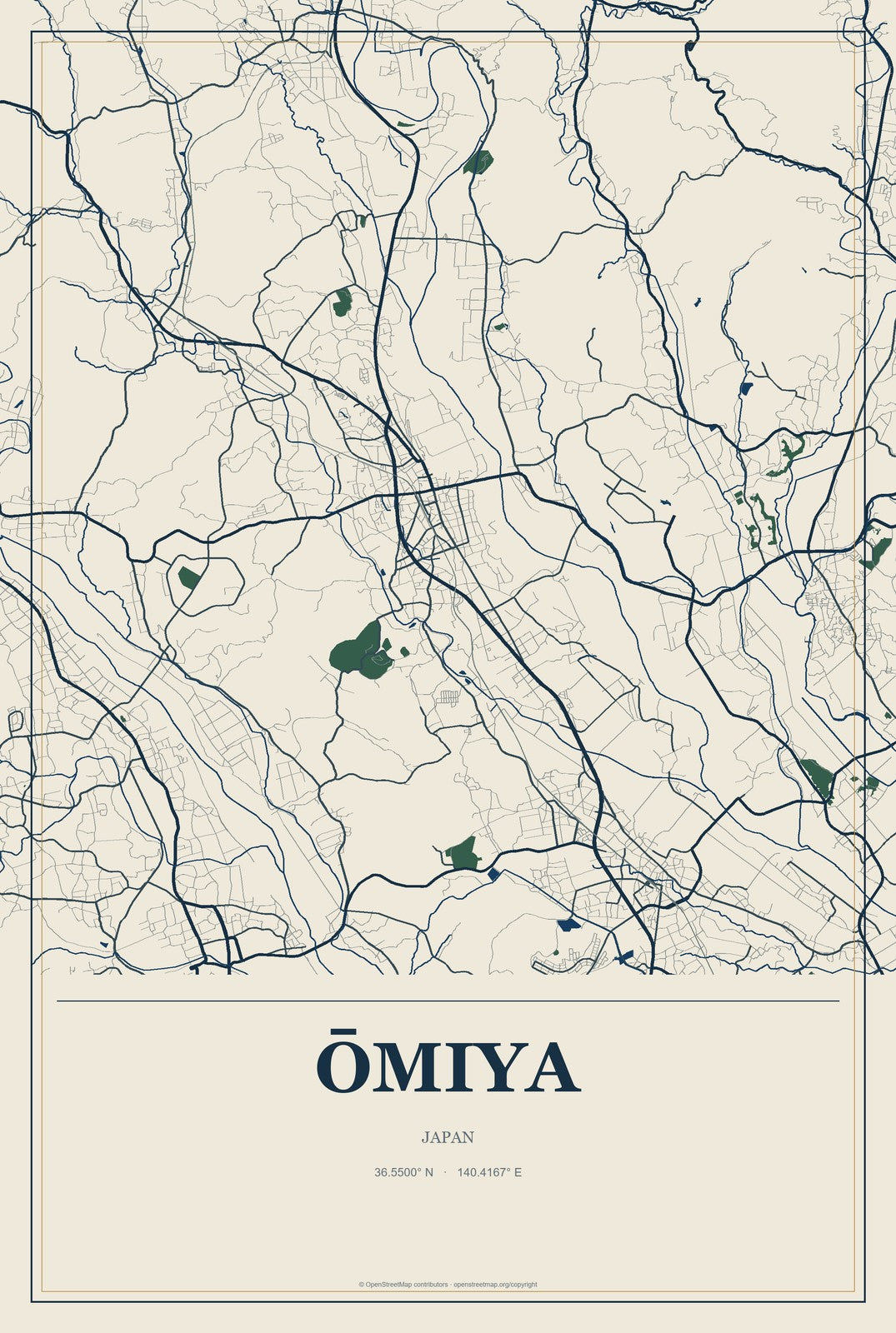 Ōmiya, Ibaraki, Japan City Map Aluminum Sign in Coastal Cutout style