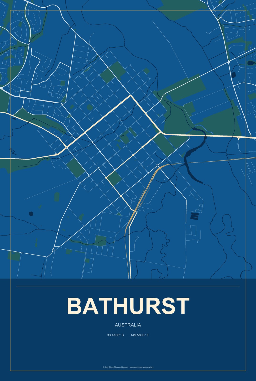 Bathurst, Australia City Map Aluminum Sign in Harbor Cobalt style