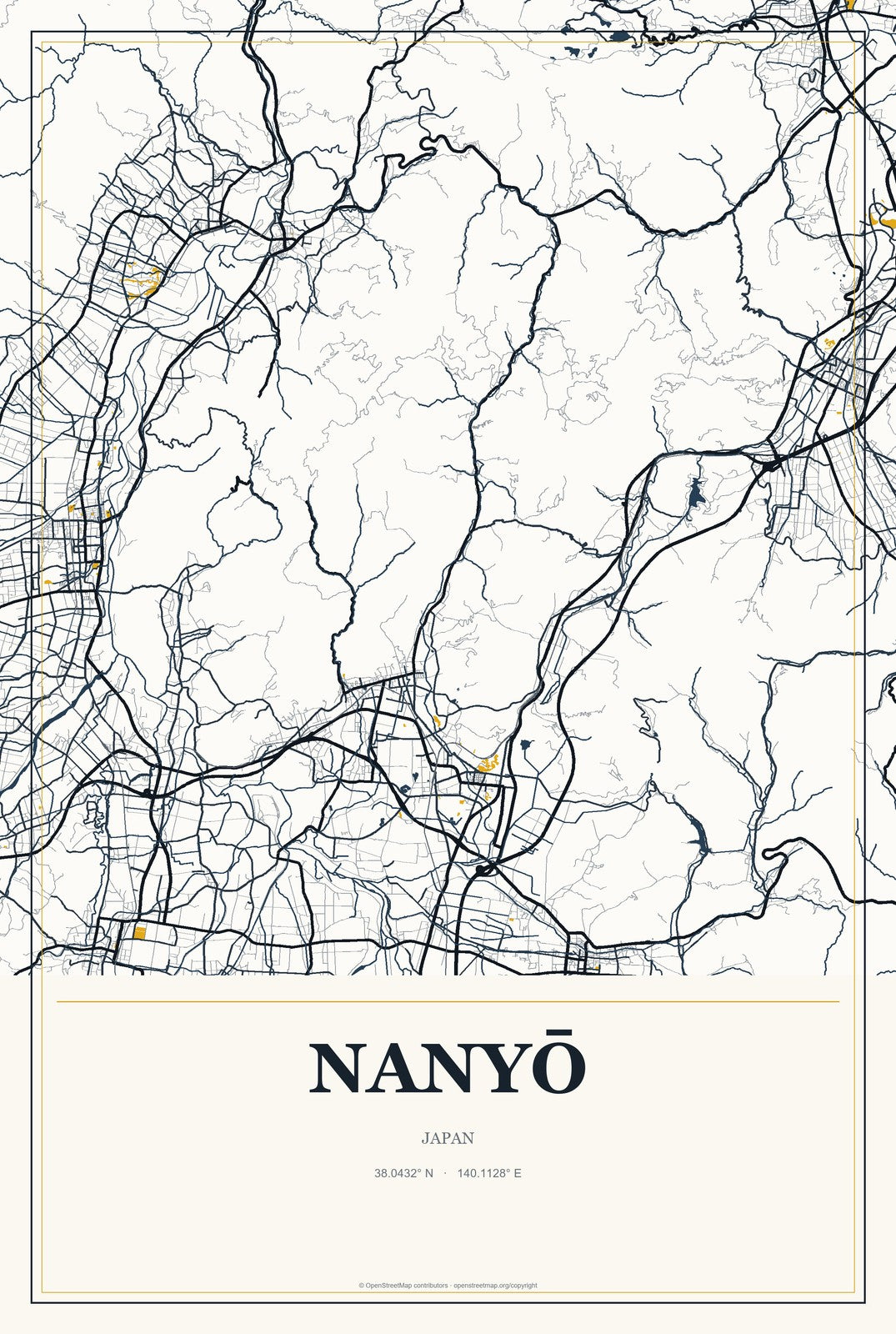 Nanyō, Japan City Map Aluminum Sign in Citrine Modern style
