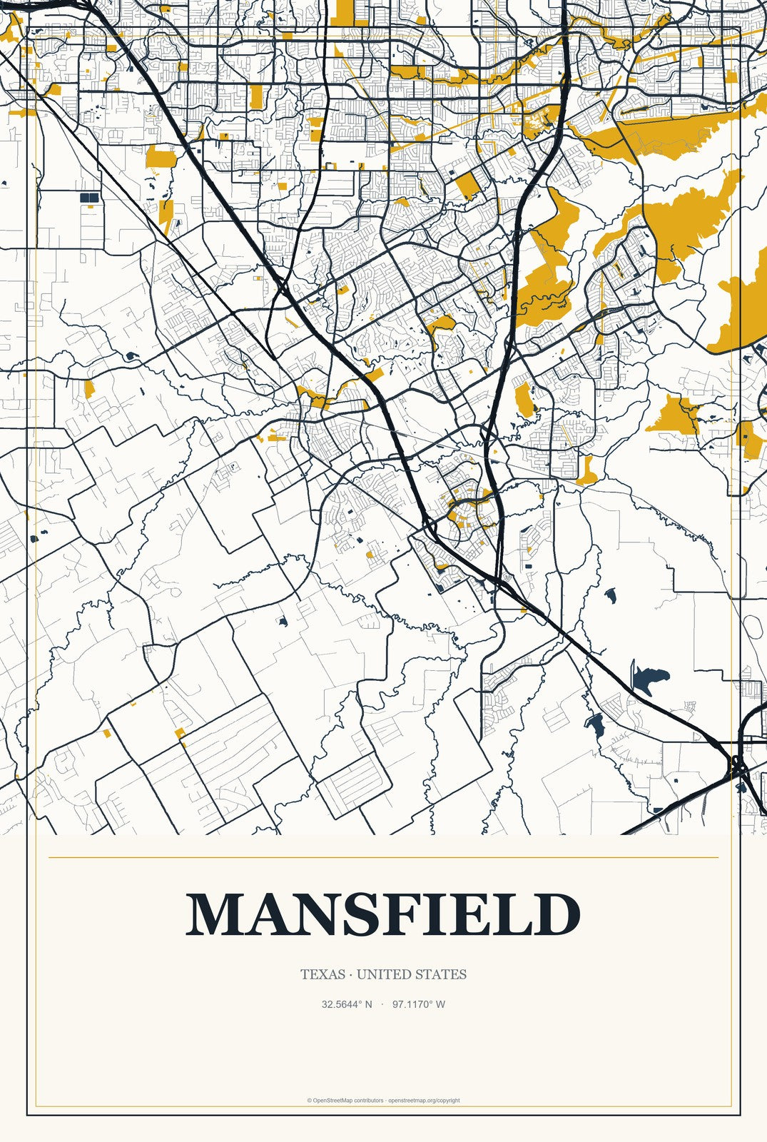 Mansfield, Texas City Map Aluminum Sign in Citrine Modern style