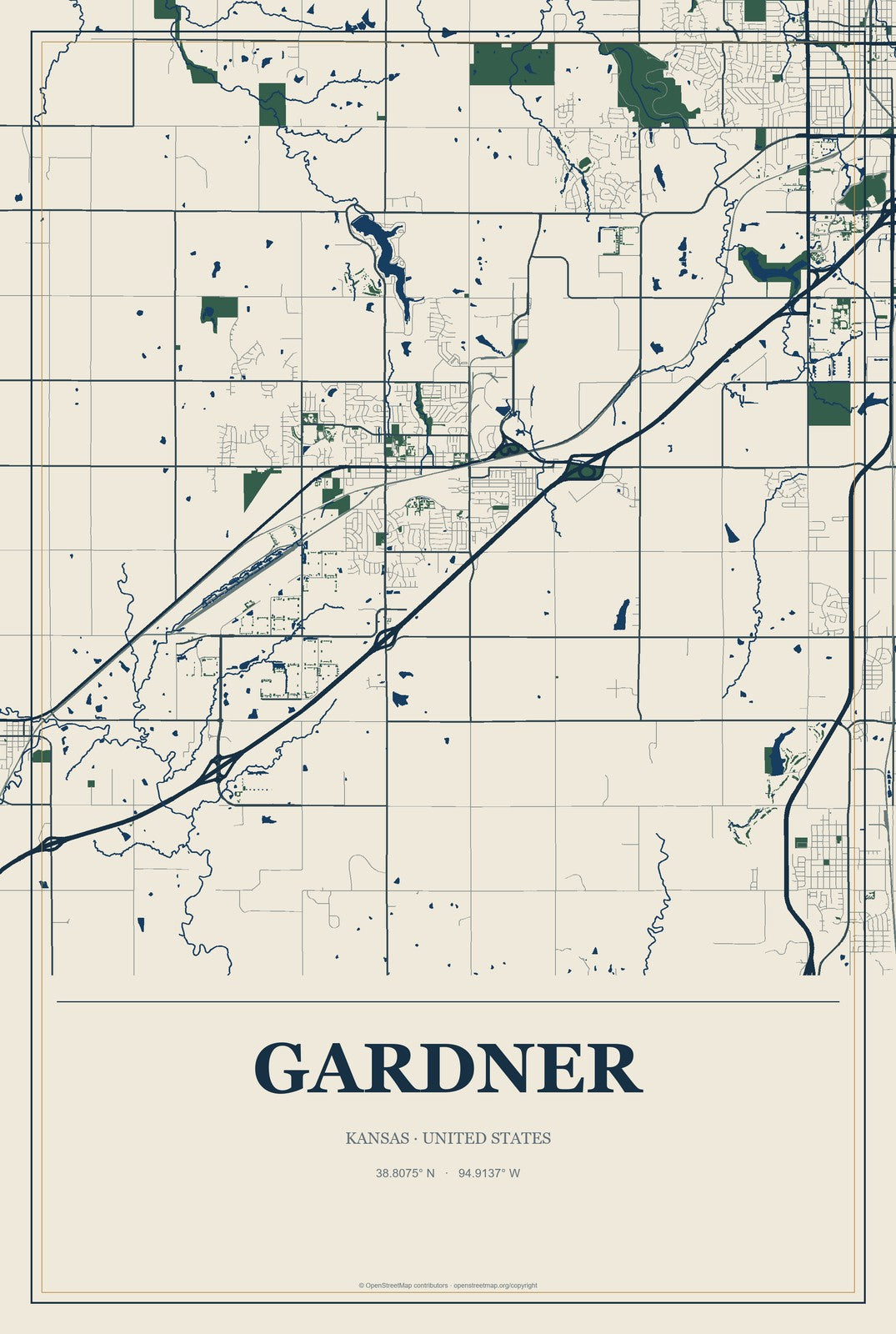 Gardner, Kansas City Map Aluminum Sign in Coastal Cutout style