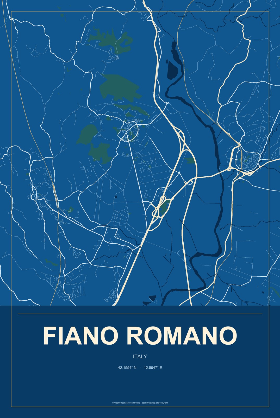 Fiano Romano, Italy City Map Aluminum Sign in Harbor Cobalt style