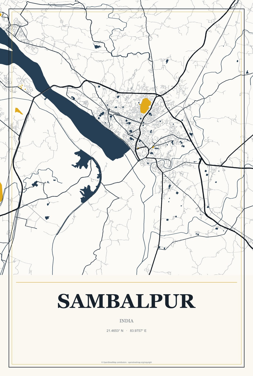 Sambalpur, India City Map Aluminum Sign in Citrine Modern style