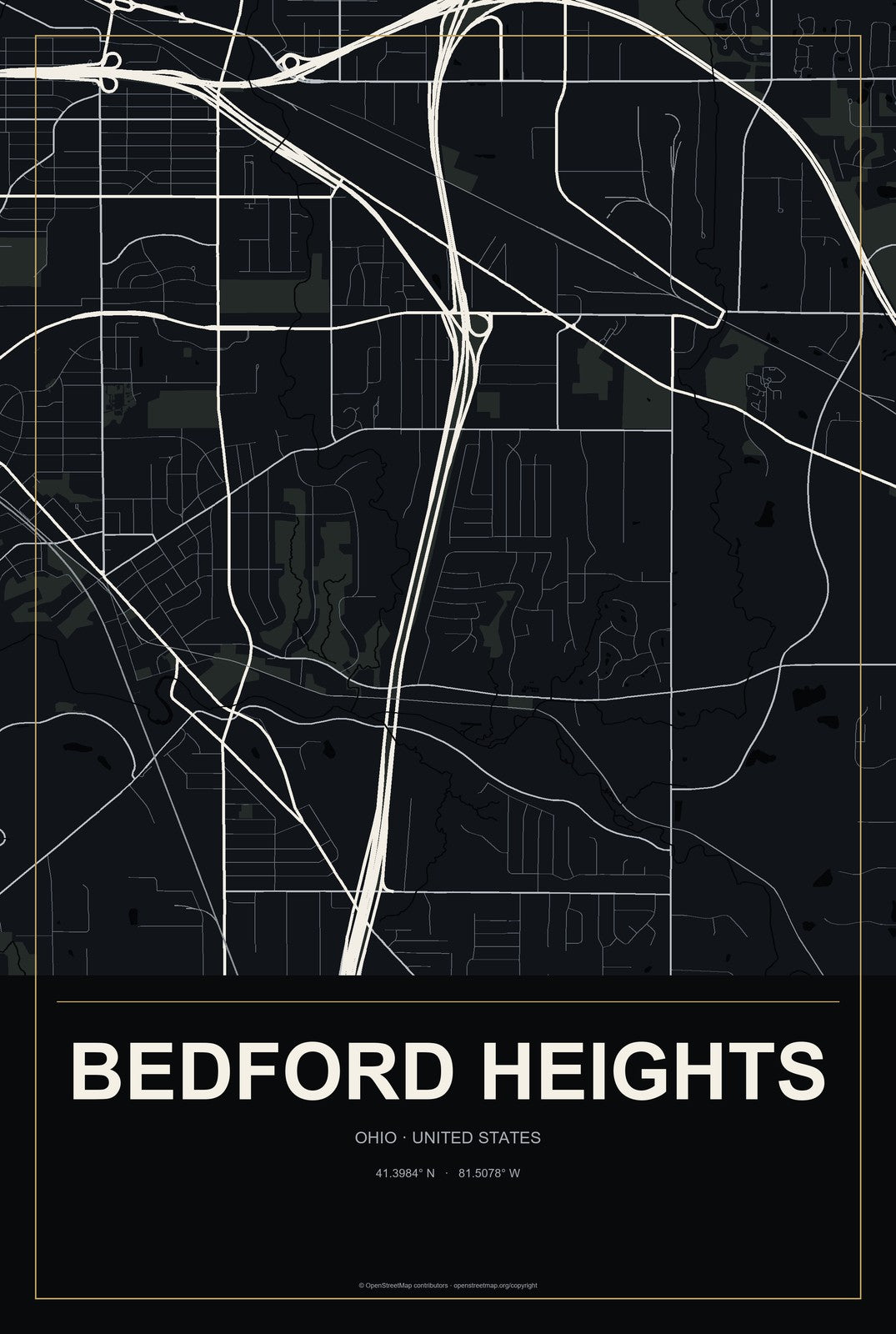 Bedford Heights, Ohio City Map Aluminum Sign in Metropolitan Noir style