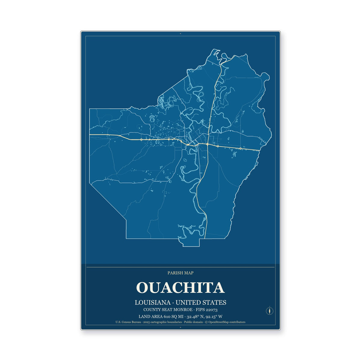 Ouachita Parish, Louisiana Map Aluminum Sign in Harbor Cobalt style