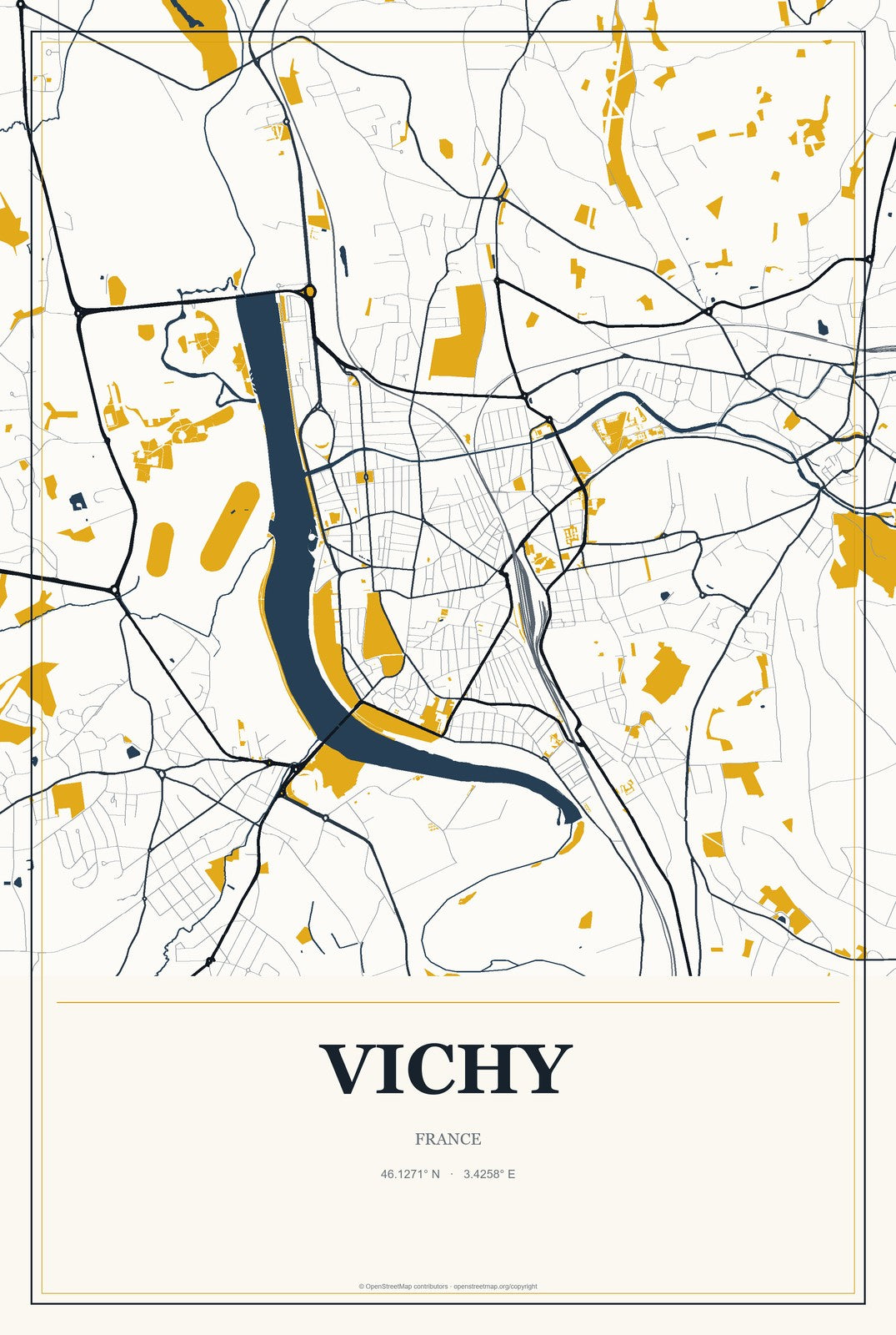 Vichy, France City Map Aluminum Sign in Citrine Modern style