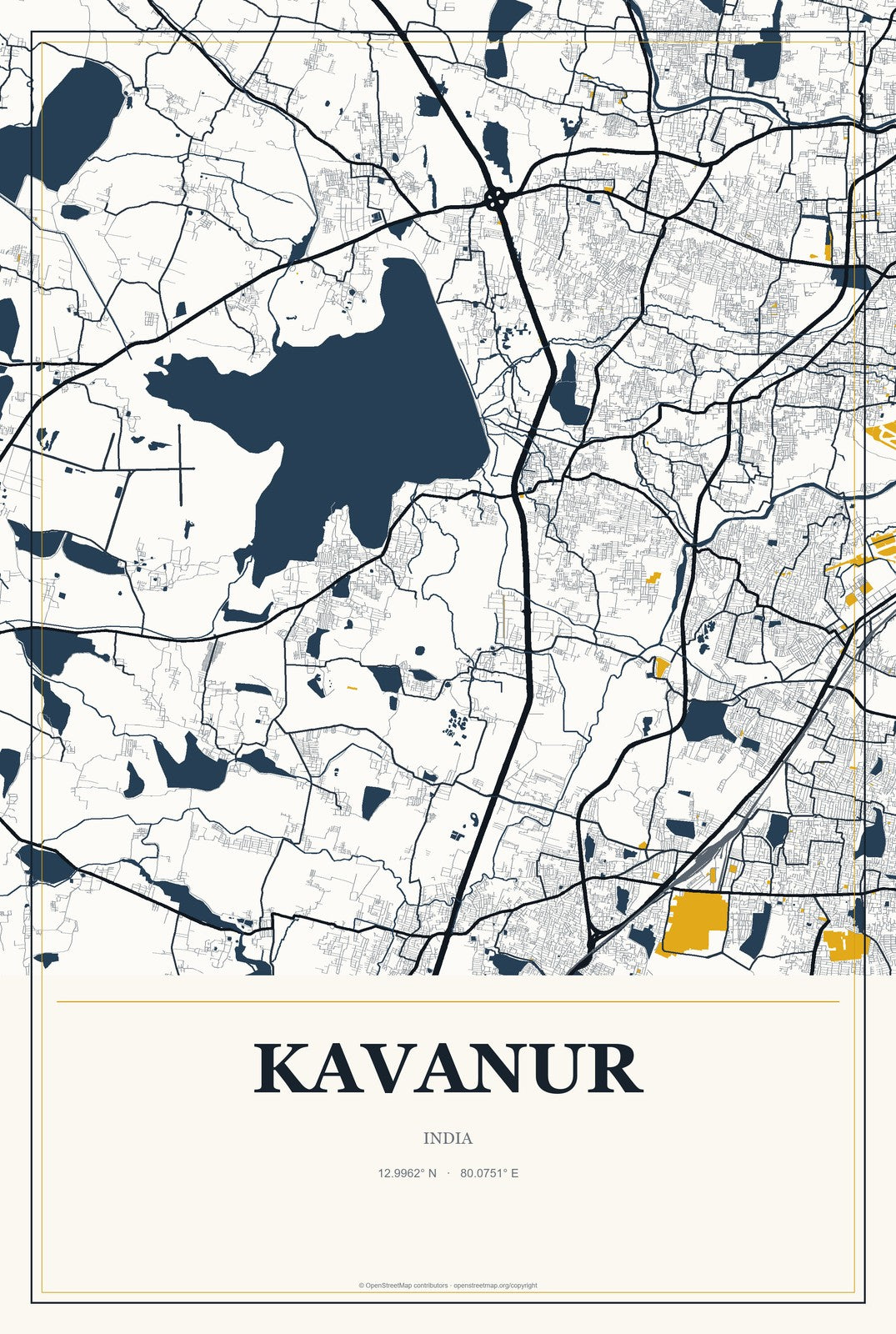 Kavanur, India City Map Aluminum Sign in Citrine Modern style