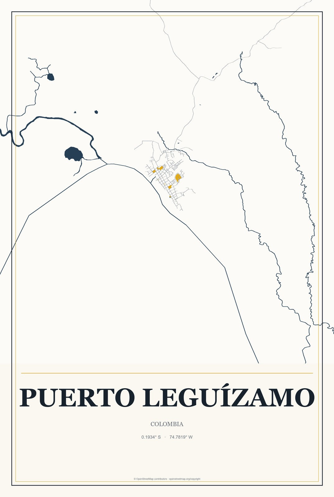 Puerto Leguízamo, Colombia City Map Aluminum Sign in Citrine Modern style