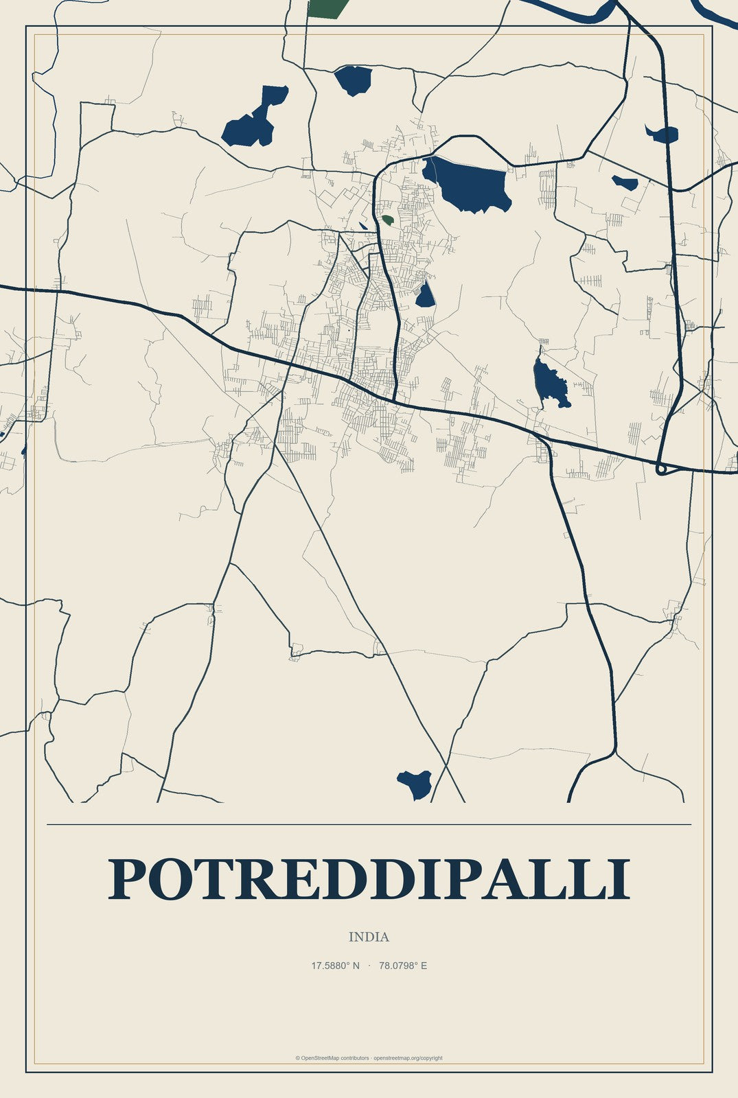 Potreddipalli, India City Map Aluminum Sign in Coastal Cutout style