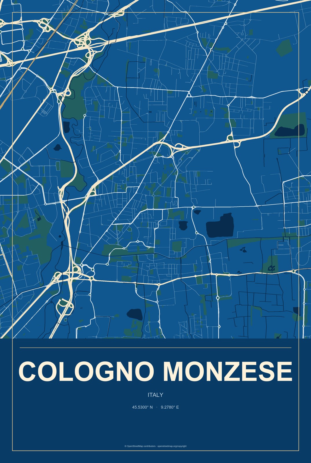 Cologno Monzese, Italy City Map Aluminum Sign in Harbor Cobalt style