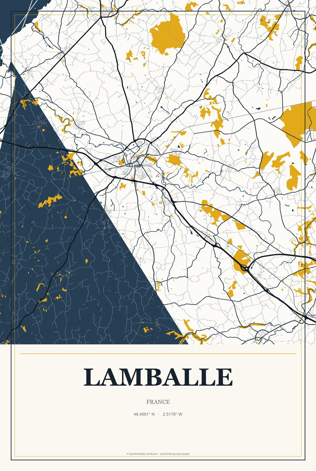 Lamballe, France City Map Aluminum Sign in Citrine Modern style