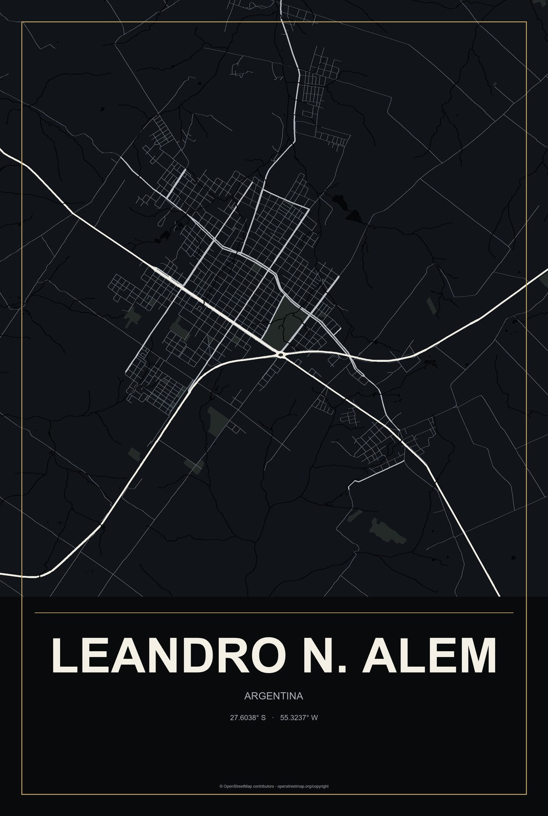 Leandro N. Alem, Argentina City Map Aluminum Sign in Metropolitan Noir style